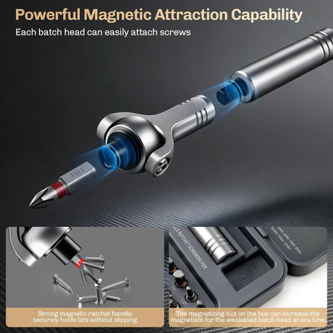 Magnetic 40 In 1 Screwdriver Set With 270 Degree Ball Joint Handle showing magnetic attraction to screws