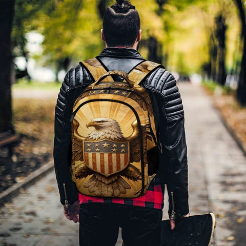 Person wearing Star Shield Eagle Relief Printed Unisex Backpack With Large Capacity Built Tough From Durable Polyester