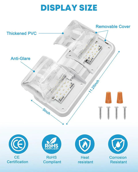 RV Interior LED Ceiling Lights 5 Pack With On Off Switch Double Dome Fixtures 12V Camper Trailer Boat Lighting Natural White 4000 To 4500K 48x5050SMD Energy Efficient 50,000 Hour Life with removable cover and screws