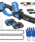 8 Inch Cordless Mini Chainsaw With Dual 2000mAh Batteries, goggles, gloves, and charger on display with accessories