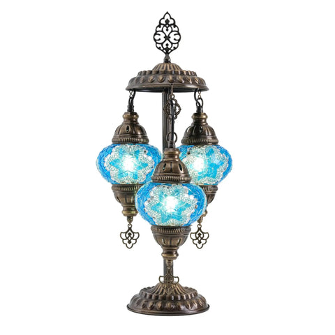 Turkish Mosaic Table Lamp With Built In LED Bulb Three Globe Sea Blue Handmade Moroccan Style Decor Tall 21.3 Inch Glass Mosaic Nightstand Light Artisan Crafted Glass Mosaic With Warm Ambient Glow For Living Room Or Bedroom.