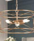 Gold Drum Chandelier 3 Light Modern Fixture For Dining Room Living Room Bedroom Kitchen And Bathroom With Flower Shape Shade And Hollow Metal Openwork Design For A Bright Lit Glow, side view showing metal frame.
