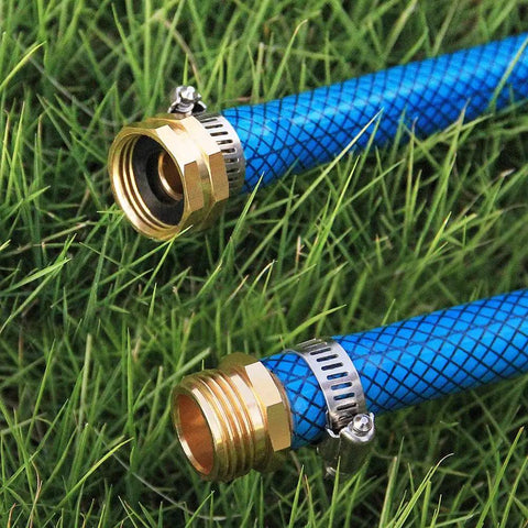 Heavy Duty Garden Hose Repair Kit With Clamps Includes Male And Female Fittings Aluminum Hose Repair Connector Set 3 Pack Rustproof Leak Free Quick Fix For Outdoor Watering, showing installed blue hose with fittings in grass.