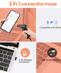 3 In 1 2D QR Barcode Scanner With Stand Bluetooth 2.4GHz Wireless And USB Wired Handheld Barcode Reader For Fast POS Scanning Plug And Play Setup HW0001 showing Bluetooth and USB connections with smartphone and laptop.