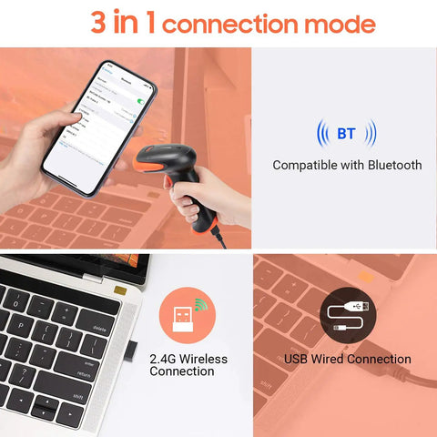 3 In 1 2D QR Barcode Scanner With Stand Bluetooth 2.4GHz Wireless And USB Wired Handheld Barcode Reader For Fast POS Scanning Plug And Play Setup HW0001 showing Bluetooth and USB connections with smartphone and laptop.