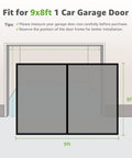 Diagram showing dimensions of Garage Door Screen 9x8 Feet Magnetic Closure Heavy Duty with Weighted Bottom in front of garage.