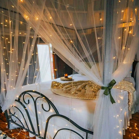 Battery Operated Fairy Curtain Lights With Remote Timer Nine Point Eight Feet By Nine Point Eight Feet Of Warm White LEDs For Bedroom