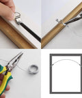 Pro Level Picture Hanging Wire Kit With D Rings And Wall Mount Screws For Frames And Canvases, setup details including pliers and wire.