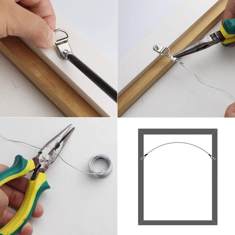 Pro Level Picture Hanging Wire Kit With D Rings And Wall Mount Screws For Frames And Canvases, setup details including pliers and wire.