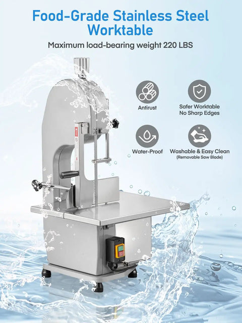 Beefy 1500W Meat And Bone Bandsaw With ETL Approved, stainless steel worktable with water splash, suitable for rib to pork and beef