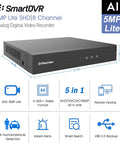 5MP Lite 8 Channel SmartDVR with AI human and vehicle detection, remote viewing, supports AHD TVI CVI CVBS IP cameras, no HDD included