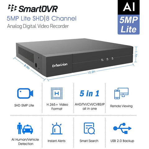5MP Lite 8 Channel SmartDVR with AI human and vehicle detection, remote viewing, supports AHD TVI CVI CVBS IP cameras, no HDD included