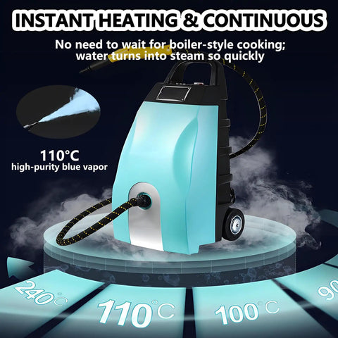 High-Pressure 3000W Steam Cleaner With Ozone Function For Deep Cleaning Heavy Kitchen Grease And Stubborn Dirt, showing instant heating feature with steam output.