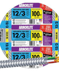 12/3 Solid Copper Armorlite MC Cable 100 Ft Beefed-Up Aluminum Armor, THHN THWN Insulated Conductors, 600V Rated packaging