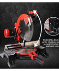 10 Inch Portable Electric Table Saw 1800W Aluminum Cutting Machine Featuring 45 Degree Miter Capability with folding buckle and precise scale.