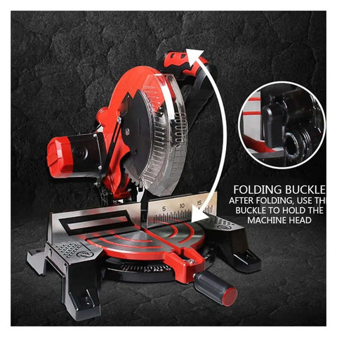 10 Inch Portable Electric Table Saw 1800W Aluminum Cutting Machine Featuring 45 Degree Miter Capability with folding buckle and precise scale.