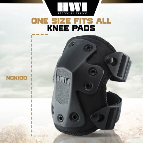 Beefed Up Adjustable Knee Pads With Rugged Nylon Shell And Impact Absorbing Foam For Construction Mechanics Combat And Landscaping Designed To Take A Beating During Long Grind Days side view with adjustable straps