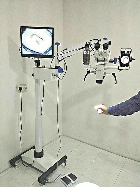 5 Step Dental Microscope Kit With Full Accessories and HD LCD Display Mobile Stand With Smooth Castors Articulating Arm Pro Grade Magnification for Precise Dental Exams and Procedures, mounted on mobile stand