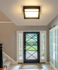 Square Flush Mount Outdoor LED Ceiling Light Fixture 9 Inch 120V 24W 3000K Black Waterproof installed indoors