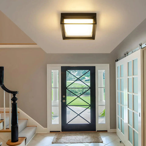 Square Flush Mount Outdoor LED Ceiling Light Fixture 9 Inch 120V 24W 3000K Black Waterproof installed indoors