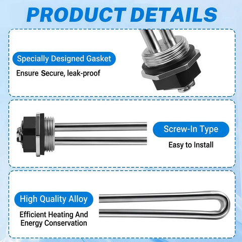 Built Tough Rv Water Heater Repair Kit With Screw In Heating Element Magnesium Anode Rod Sealing Gasket Hex Wrench And Thread Seal Tape showing gasket and heating element details.