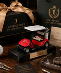 Red And White Die Cast Metal Miniature Golf Cart Replica Featuring Steering Wheel Tan Seats And Storage Basket For Golf Party Decor Cake Topper Display With Sick Detail And Top Shelf Build Real Deal Value on display with golf-themed gifts.