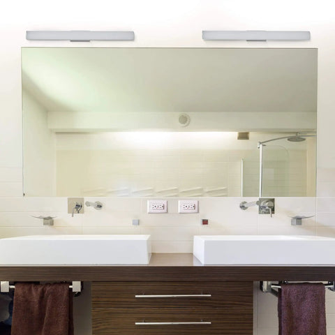 Modern double sink bathroom with 24 Inch Slim LED Bathroom Light With Integrated AC LED, ADA Compliant, Silver Finish, above mirror