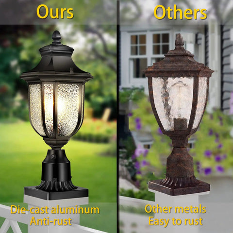 Comparison of anti-rust aluminum Dusk To Dawn Outdoor Post Light and rusted metal outdoor light.