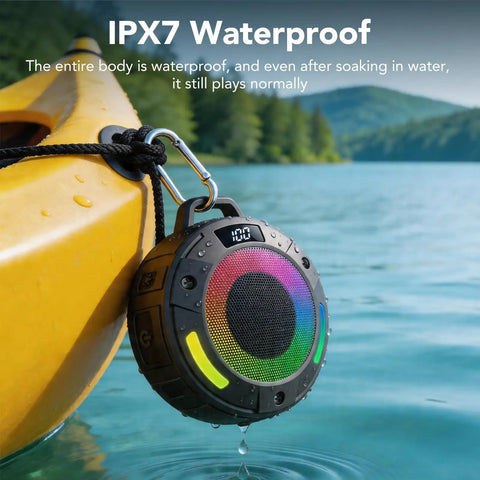 Dope Portable Wireless Shower Speaker With Digital Display And Detachable Hook IPX7 Waterproof LED Light attached to kayak
