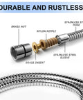Extra Long 79 Inch Stainless Steel Shower Hose With Brass Inserts And Nut Flexible Chrome Finish Dual Head Design Corrosion Resistant High Pressure PVC Inner Tube Durable No Fuss Easy Install In Any Shower showing brass nut and insert details