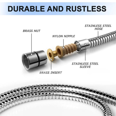 Extra Long 79 Inch Stainless Steel Shower Hose With Brass Inserts And Nut Flexible Chrome Finish Dual Head Design Corrosion Resistant High Pressure PVC Inner Tube Durable No Fuss Easy Install In Any Shower showing brass nut and insert details