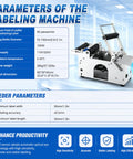 No Fuss Semi Automatic Round Bottle Labeler With Ergonomic Push Lever features detailed specifications and dimensions for small business use.