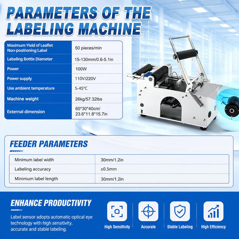 No Fuss Semi Automatic Round Bottle Labeler With Ergonomic Push Lever features detailed specifications and dimensions for small business use.