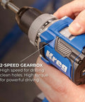 Top Shelf Pocket Hole Jig 720 Pro With Killer 20 Volt Cordless Drill Driver Combo Kit, close-up of 2-speed gearbox for powerful drilling.
