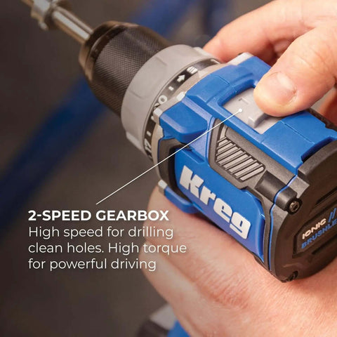 Top Shelf Pocket Hole Jig 720 Pro With Killer 20 Volt Cordless Drill Driver Combo Kit, close-up of 2-speed gearbox for powerful drilling.