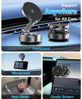 MagSafe Car Mount Charger With 15W Fast Wireless Charging Magnetic Phone Holder on car dashboard, windshield, and rear seat display