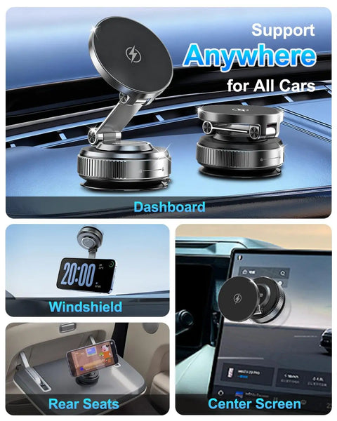 MagSafe Car Mount Charger With 15W Fast Wireless Charging Magnetic Phone Holder on car dashboard, windshield, and rear seat display
