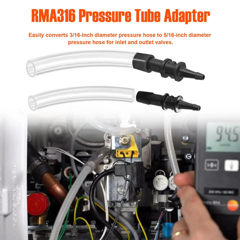 RMA316 Pressure Tube Adapters (2 pcs); converts 3/16-in to 5/16-in hoses with clear tubing and black fittings.