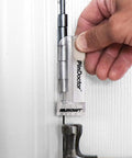 Hand using Milescraft Pin Doctor tool on door hinge alignment visible, part of Dual Clamping Door Hinge Jig Plus Hinge Mortiser For Standard Doors Easy Setup Complete Installation Kit To Rout Mortises From 2.5 To 4.5 Inches Includes Strike And Latch Plates Padded Self Clamping Design Adjustable For One And Three Eighths Inch And.