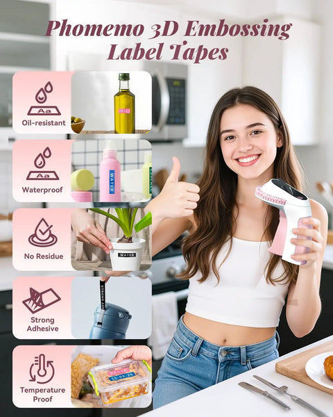 Vintage Embossing Label Maker With Six Adhesive Tape Rolls Manual Typewriter Style Sticker Gun in use with various label examples.