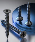 Professional Grade Black Self Tapping Screws Combined With 150 Corrosion Resistant Drywall Plastic Anchors For Rock Solid Mounts And No Sweat Home Fix Hacks displayed on a reflective surface.