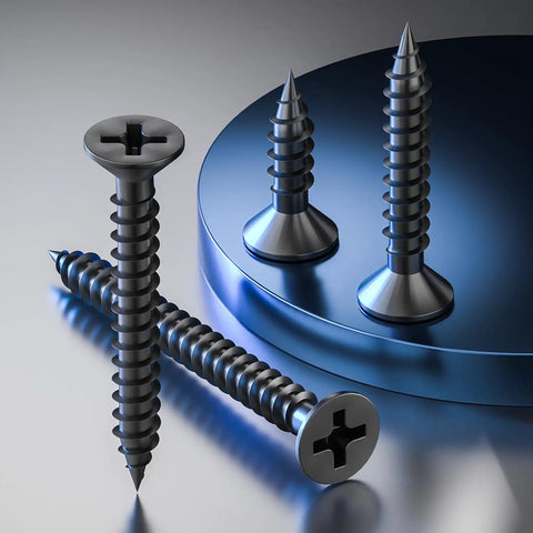 Professional Grade Black Self Tapping Screws Combined With 150 Corrosion Resistant Drywall Plastic Anchors For Rock Solid Mounts And No Sweat Home Fix Hacks displayed on a reflective surface.
