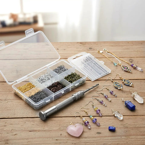 Pro Grade Pin Vise Hand Drill Set With Stainless Steel Pin Vise, 10 Drill Bits From 0.8mm To 3mm, 600 Multi Color Eye Hooks For Jewelry Making Resin Casting And DIY Crafts, shown with jewelry pieces