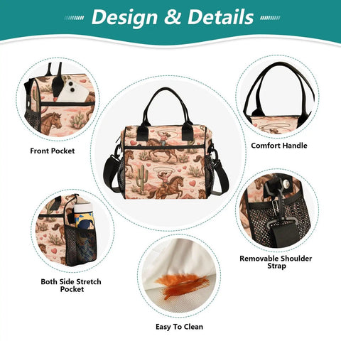Insulated Lunch Bag Tote For Work And Outdoors Leak Proof Reusable Cooler With Shoulder Strap and front pocket details