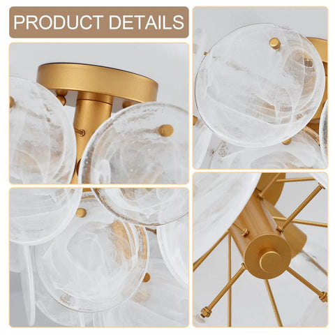Modern Flush Mount Glass Ceiling Light In Gold Finish with geometric round glass shades, product detail close-up