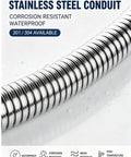 Tough As Nails 304 Stainless Steel Flexible Metal Conduit with corrugated surface for waterproof and corrosion-resistant wire protection.
