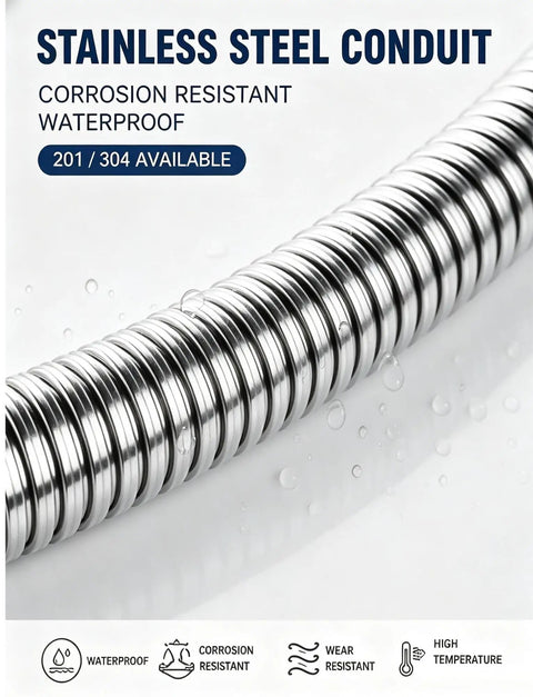Heavy Duty 304 Stainless Steel Flexible Conduit With Tough Corrugated Sheathing For Smooth Wire Routing And Kickass Cable Protection That Gets The Job Done Right Without Fuss, showcasing corrosion resistance and waterproof features.