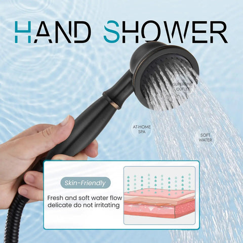 Oil Rubbed Bronze Wall Mount Clawfoot Bathtub Faucet With Handheld Sprayer, shower detail with water flow and skin-friendly label