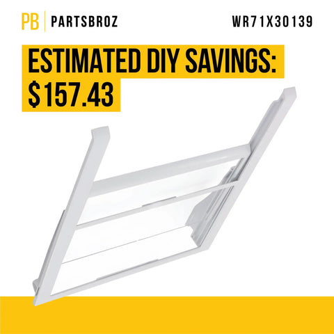 WR71X30139 Quick Space Shelf for GE Fridge shown in white with estimated DIY savings of $157.43
