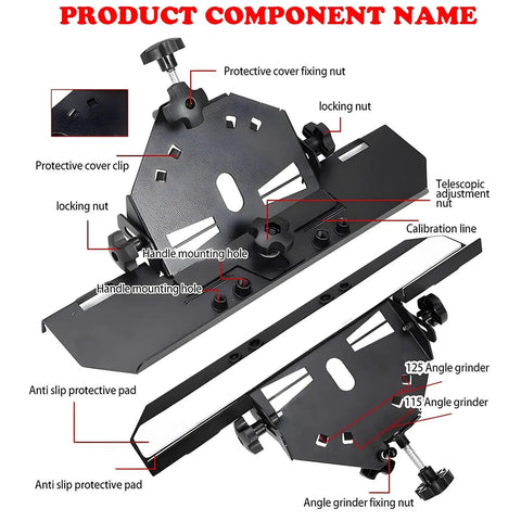 Adjustable 45 Degree Chamfering Guide for Angle Grinders, components labeled, for 4.5 and 5 inch grinder compatibility.